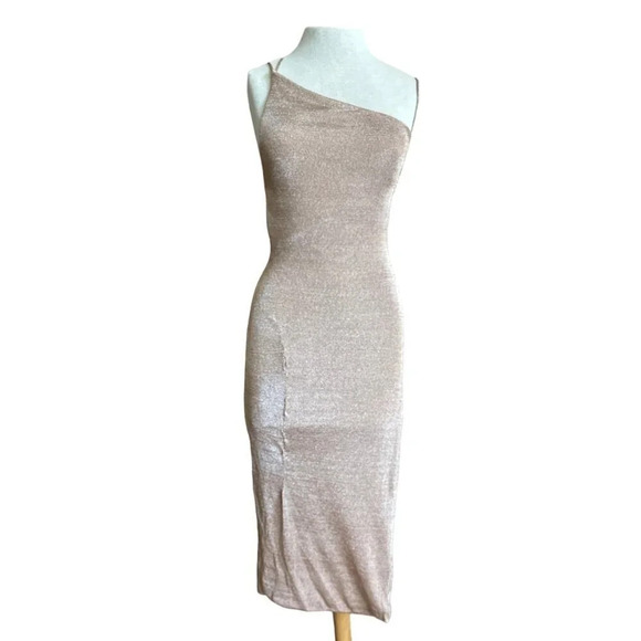 Third Form Heavy Metal Knit Slip Dress in Rose Gold 2 Womens Midi Semi Sheer - Picture 5 of 16